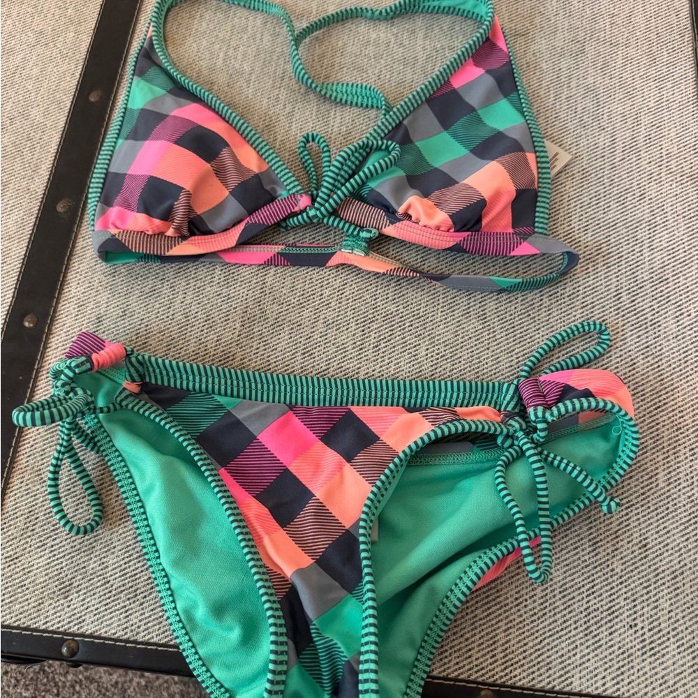 Arizona Jean Company Plaid Bikini Set - Green and Pink